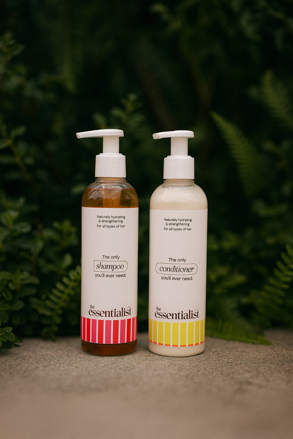 the essentialist shampoo and conditioner against a backdrop of nature